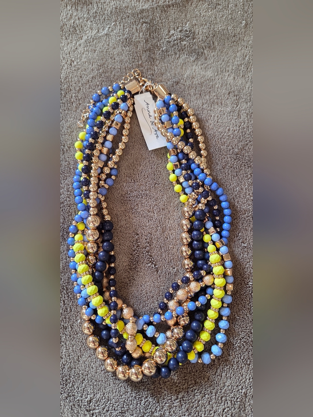 Anna & Ava Multi-Strand Blue, Navy, Neon Yellow & Gold Beaded Necklace
